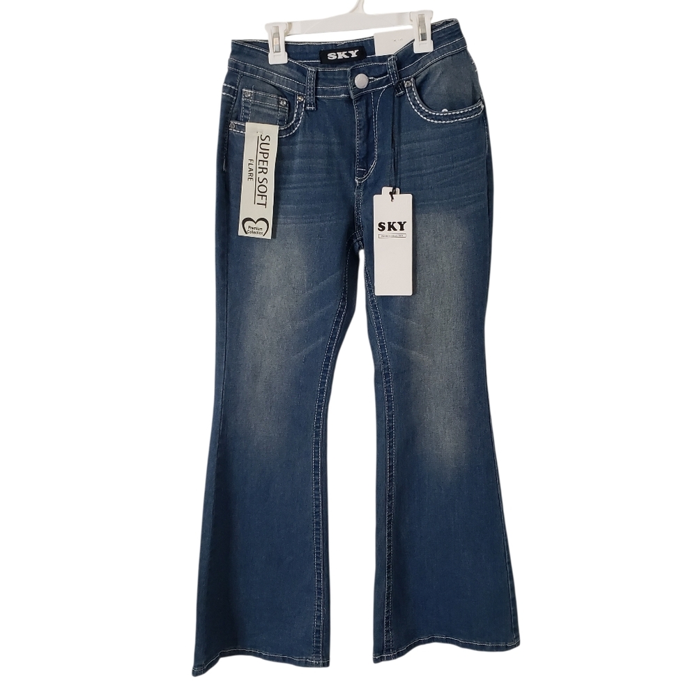Sky Premium Flare Jeans Rhinestones Embellished Flap Pockets Womens Size 9/29